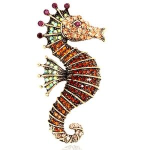 *HIMA* Gold x Brown Unique Seahorse Shaped Rhinestone Fashion Brooch